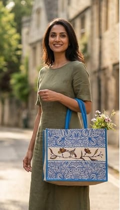 Indian Handicrafts Jute Tote Bag with Bird Print - Blue