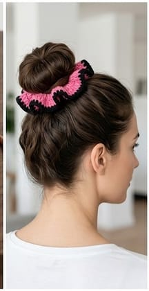 Handmade Crochet Hair Scrunchie - Pink with Black Edging Handmade Crochet Hair Scrunchie - Pink with Black Edging