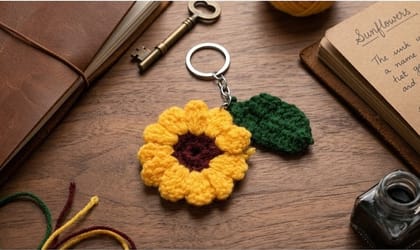 Handmade Crochet Sunflower Keychain with Leaf, Bag Charm Gift Handmade Crochet Sunflower Keychain with Leaf, Bag Charm Gift