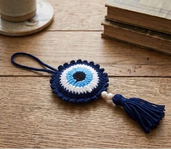 Crochet Evil Eye Car Hanging Charm with Tassel