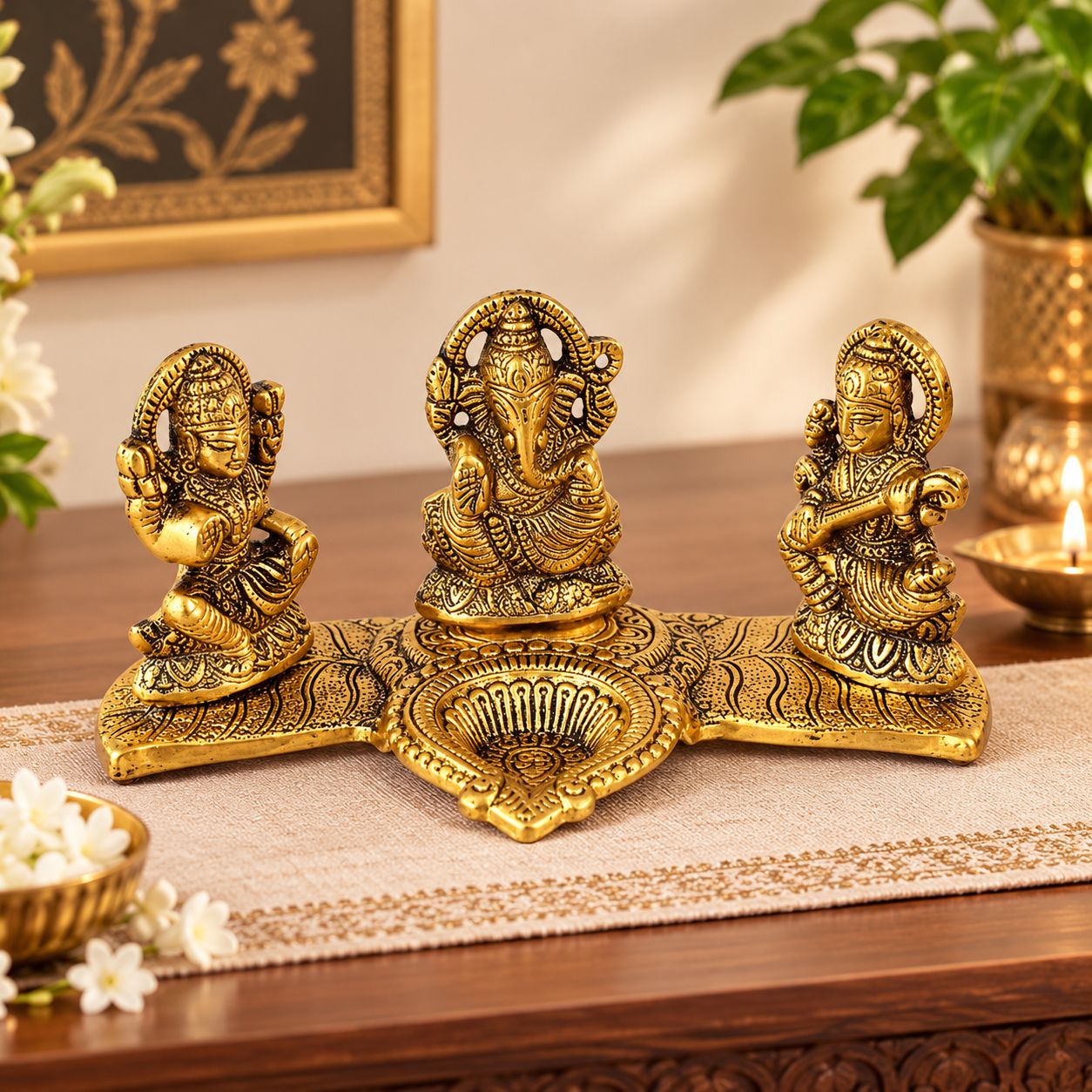 DHRUVINSRI Metal Kela Patta Laxmi Ganesh Saraswati with Diya Statue Idol for Diwali Gift,Home Decor