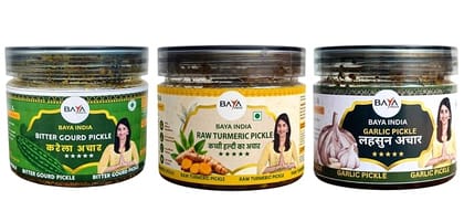 Baya India Healthy Trio Pickle Combo (750g) | Kacchi Handi, Karela & Garlic (Lehsun) Pickle | 250g Each | Traditional Homemade Taste | No Artificial Preservatives