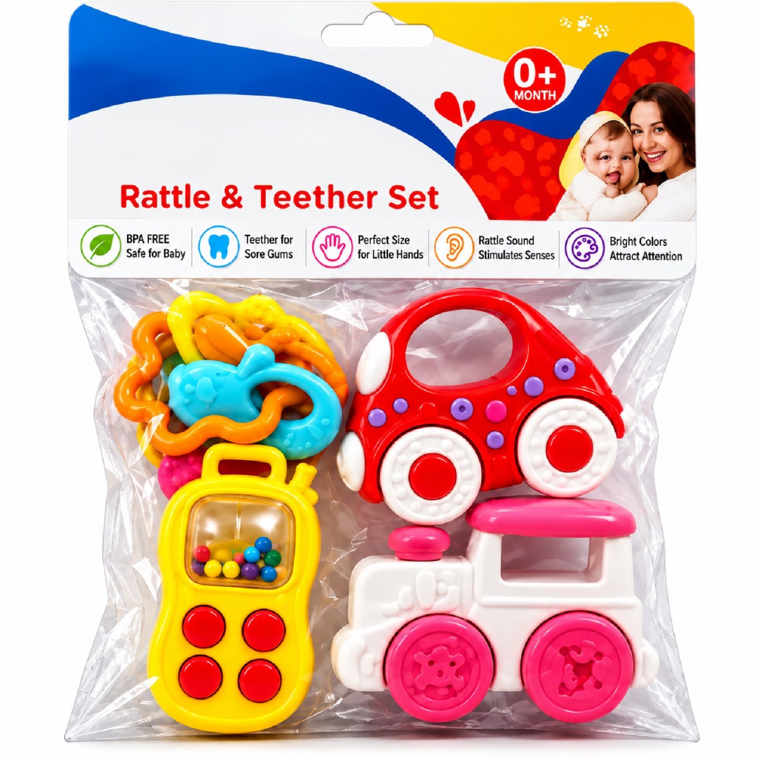 KTRS ENTERPRISE Baby Rattle and Teether Toy Set for Infants, 4-Piece Multicolour Sensory Toys, Yellow Bead Rattle, Toy Car, Teether Rings and Toy Train