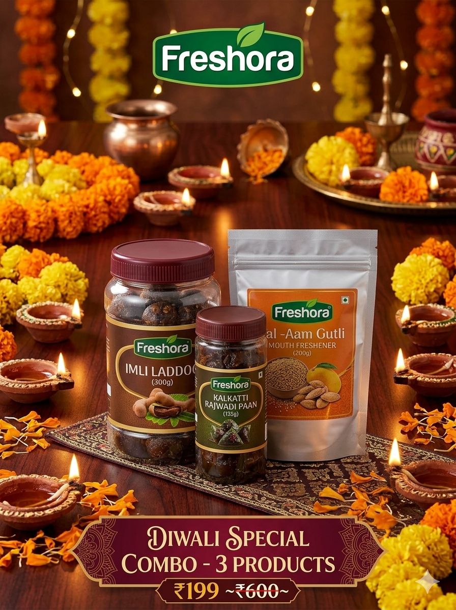 Freshora Diwali Special 3-in-1 Mouth Freshener Hamper | Premium Imli Laddoo (300g Jar), Kalkatti Rajwadi Paan (125g Jar) & Crunchy Tal-Aam Gutli (200g Pouch) | Authentic Post-Meal Digestives | 625g Total Net Weight