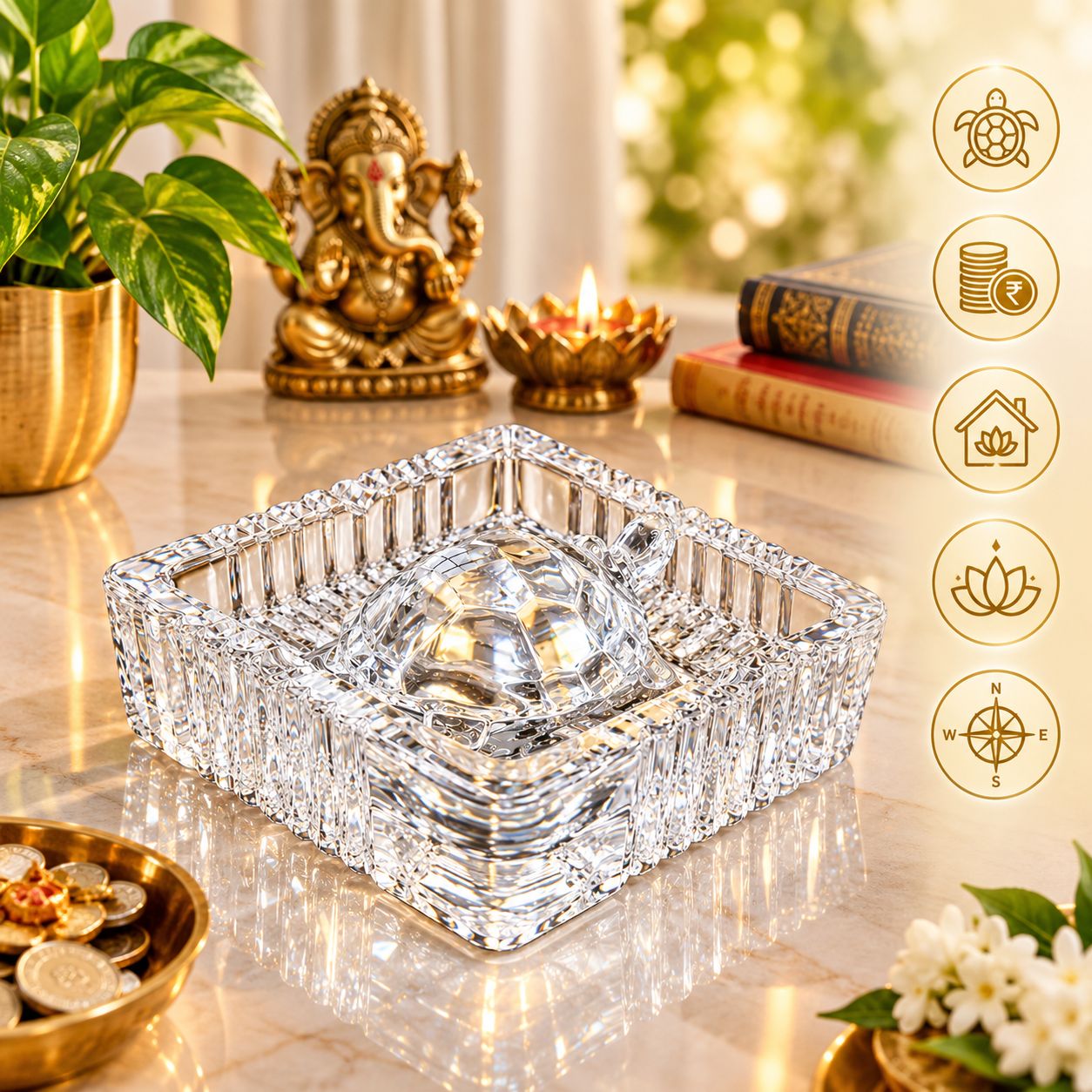 DHRUVINSRI Feng Shui Crystal Turtle Tortoise with Plate for Good Luck Prosperity Wealth | Clear Crystal Vastu Showpiece for Home Decor Office Table Decoration Gift Positive Energy(Export Quality)