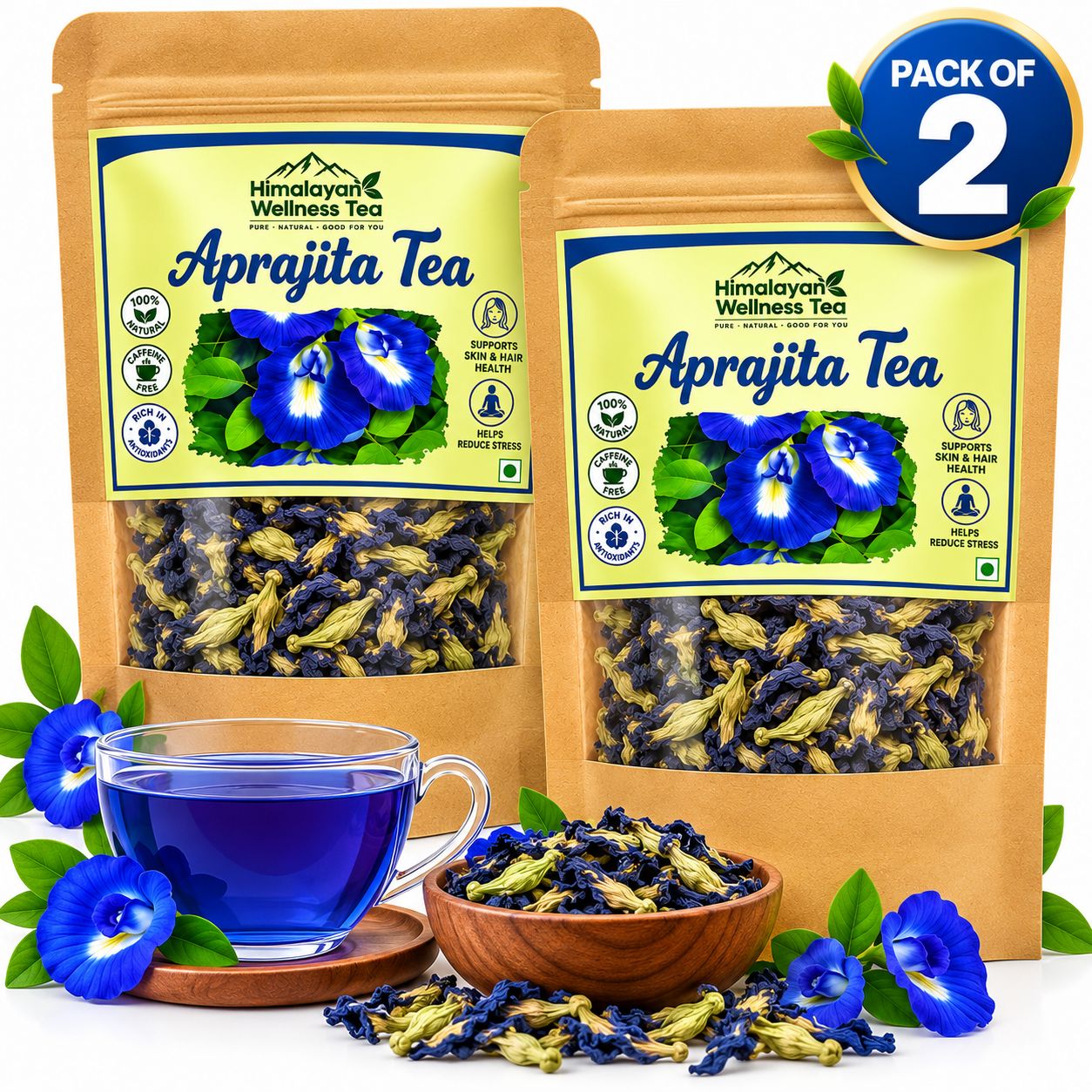 Himalayan Wellness Tea Aprajita Tea (Butterfly Pea Flower Tea) – Natural Herbal Infusion, Caffeine-Free, Pack of 2