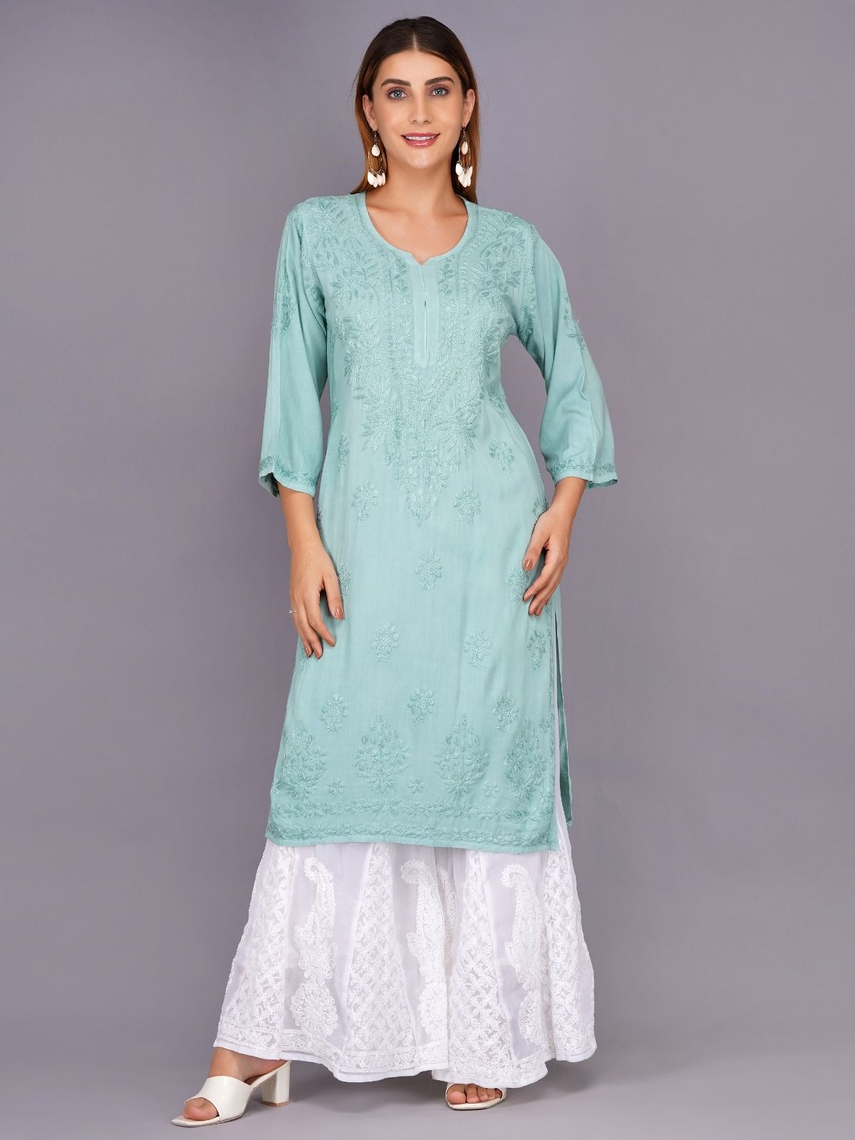 Mrs Right Women's Handcrafted Lucknow Chikankari Top | Premium 22 Kg Reyon Fabric |Green Embroidered Casual Ethnic Kurti