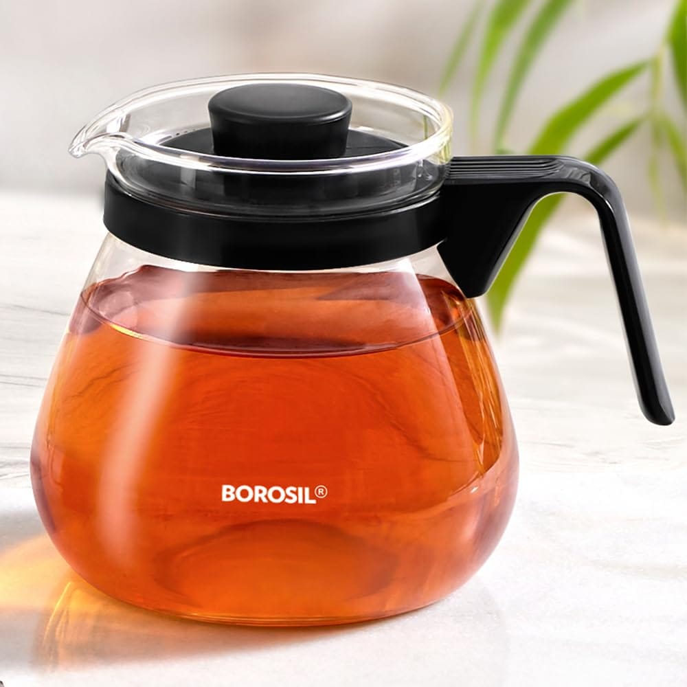 Borosil Carafe Flame Proof Glass Kettle with Inbuilt Strainer (Black, 1 L)