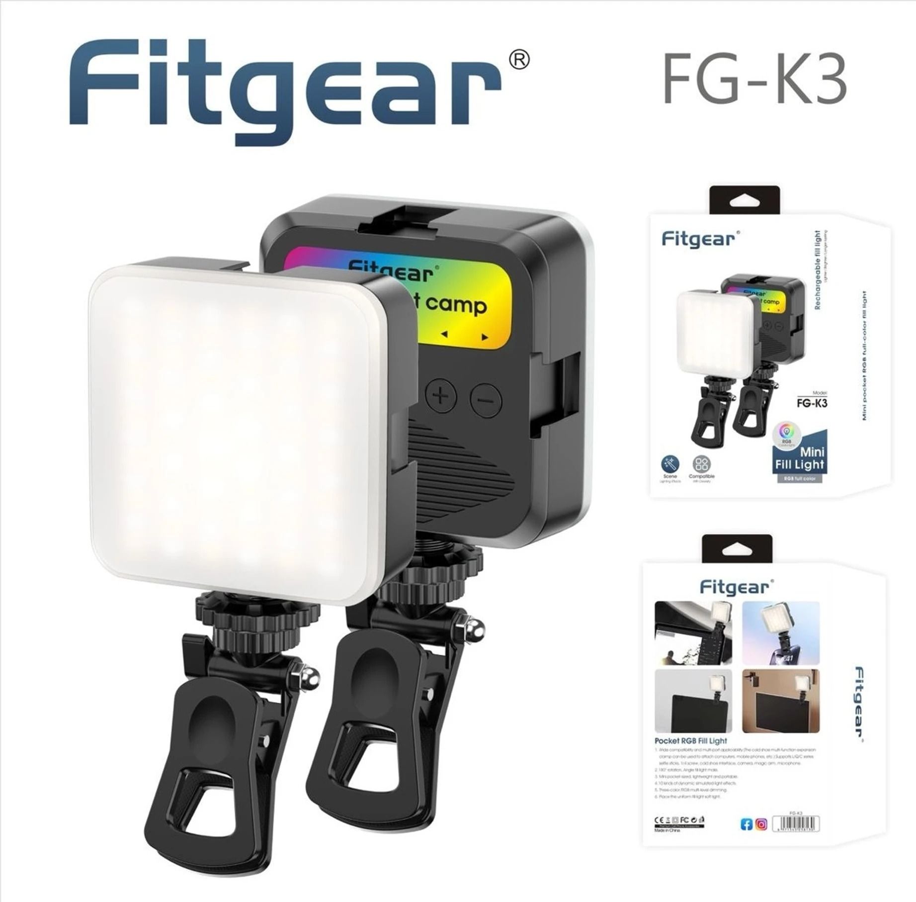 Fitgear FG-K3 SelfieLight Rechargeable 2000mAh Battery Portable Mini Clip LED VideoLight Flash (Black)