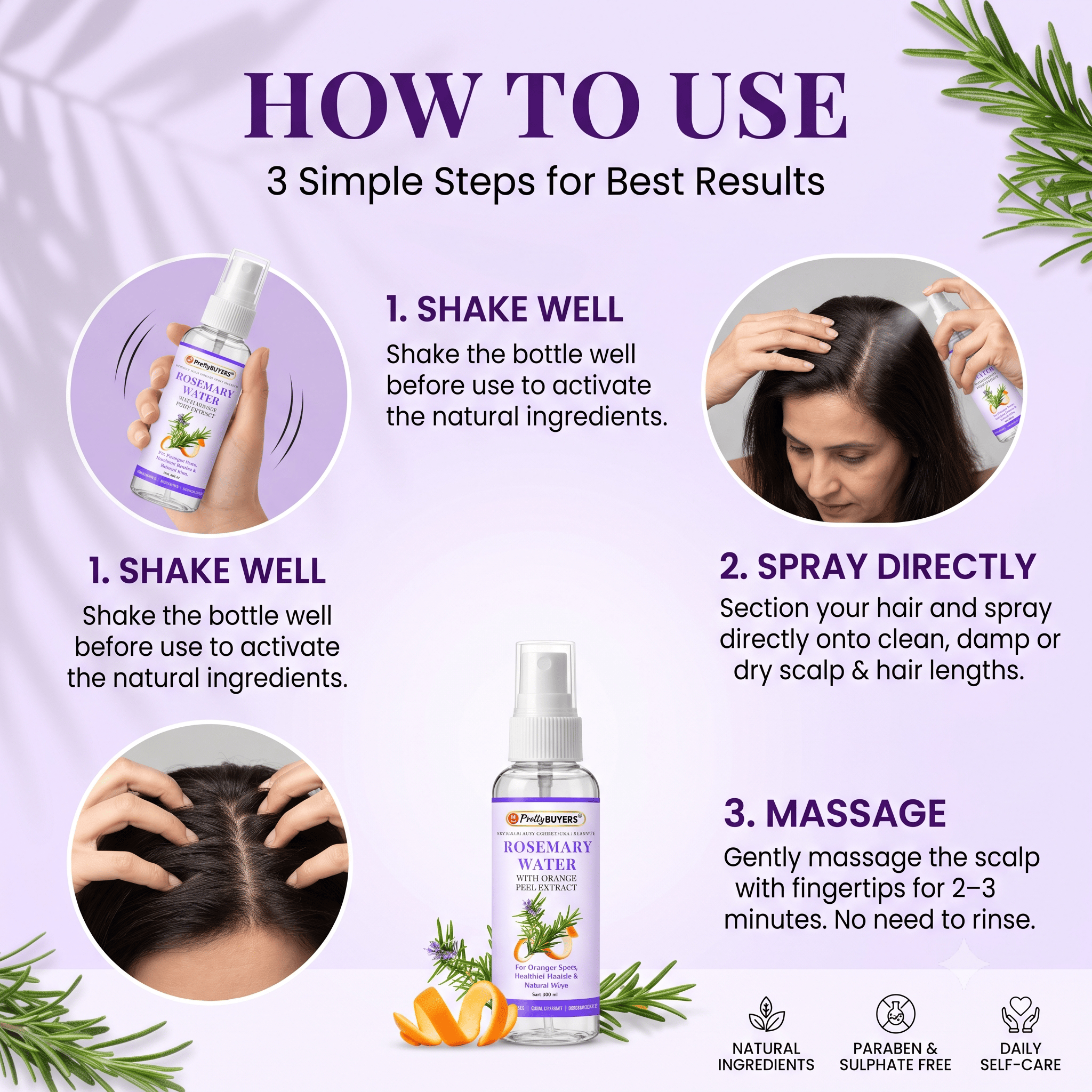 PrettyBUYERS Rosemary Water Hair & Scalp Spray with Orange Peel Extract | Rosemary Hydrosol, Glycerin & Aloe Vera Leaf Juice | Paraben & Sulphate Free | 100 ml