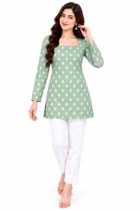 Women Sage Green Printed Straight Kurti | Square Neck Full Sleeve Ethnic Casual Wear Kurta Women Sage Green Printed Straight Kurti | Square Neck Full Sleeve Ethnic Casual Wear Kurta