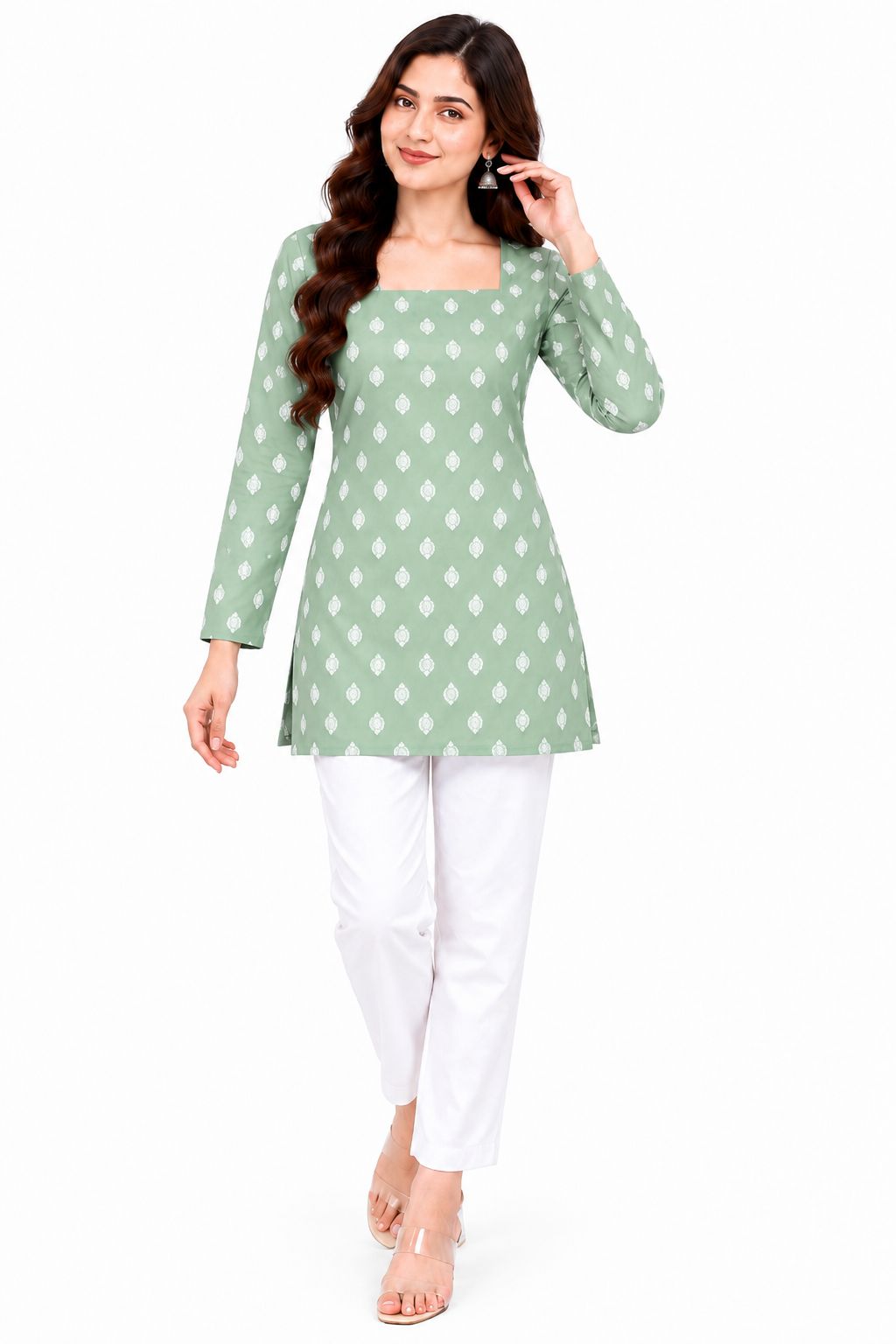 Women Sage Green Printed Straight Kurti | Square Neck Full Sleeve Ethnic Casual Wear Kurta