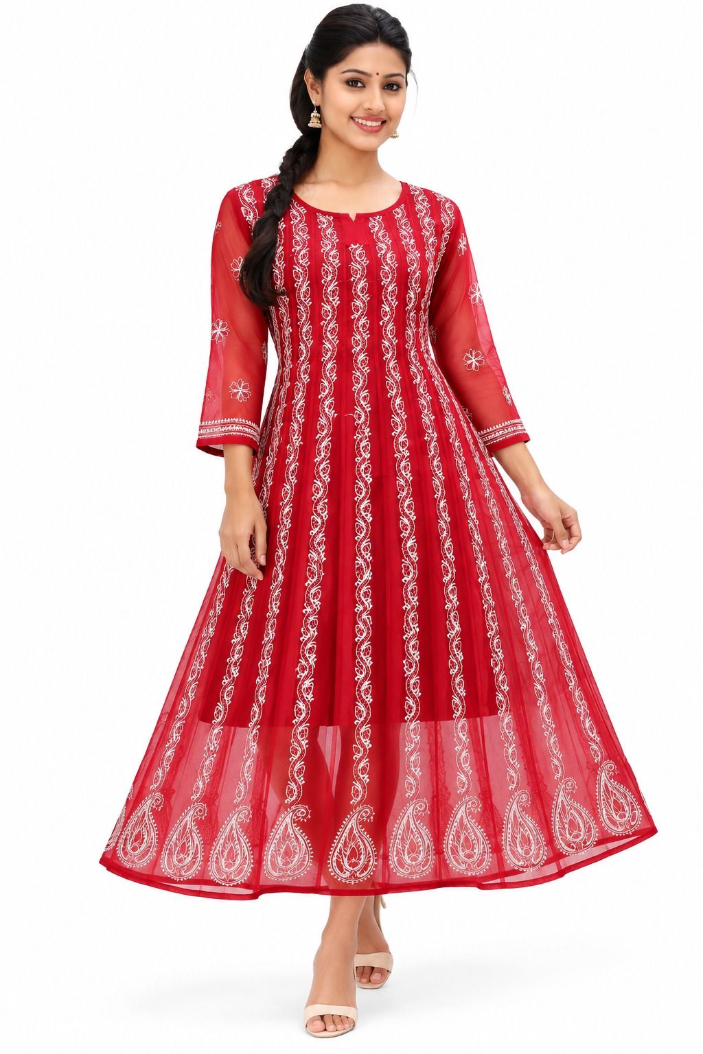 Mrs Right Women’s Lucknowi Chikankari Anarkali Kurta in Soft Georgette | Handcrafted Floral Embroidery | 3/4 Sleeves | 45 Inch Length | 74 Inch Flare | Festive Ethnic Wear