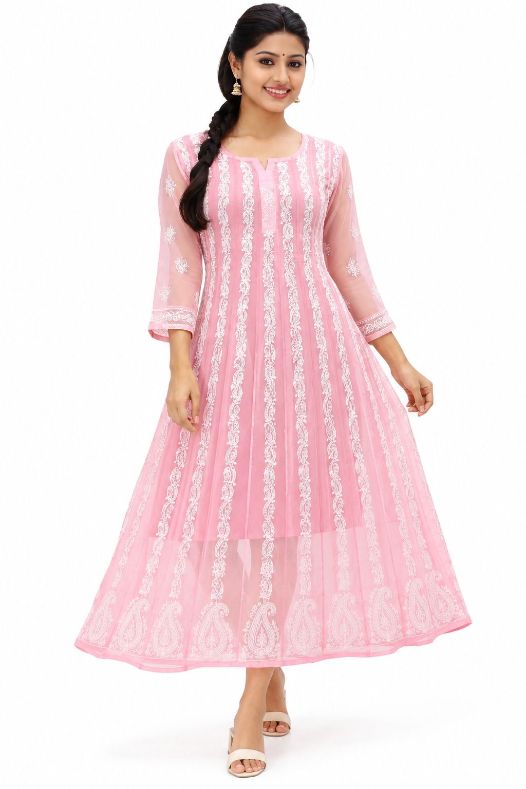 Women’s Lucknowi Chikankari Georgette Anarkali Kurta – Handcrafted Embroidery, 45 Inch Length, 74 Inch Flare