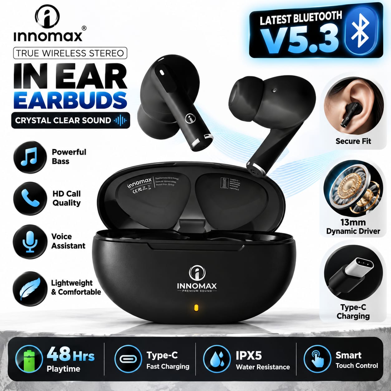 innomax TWS Earbuds with 48 Hrs Playtime Black