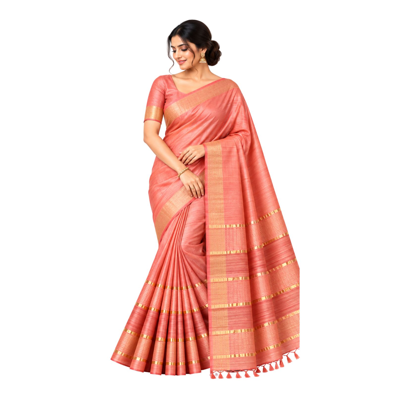 Women’s Peach Pink Silk Blend Saree with Golden Zari Border, Traditional Woven Design and Tassel Pallu | Elegant Festive, Wedding & Party Wear Saree