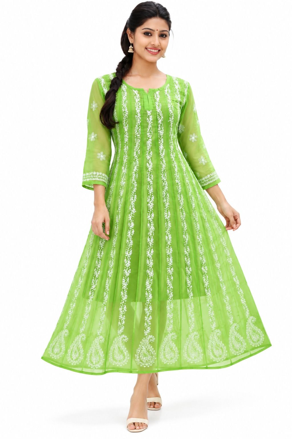 Mrs Right Women’s Lucknowi Chikankari Anarkali Kurta in Soft Georgette | Handcrafted Floral Embroidery | 3/4 Sleeves | 45 Inch Length | 74 Inch Flare | Festive Ethnic Wear