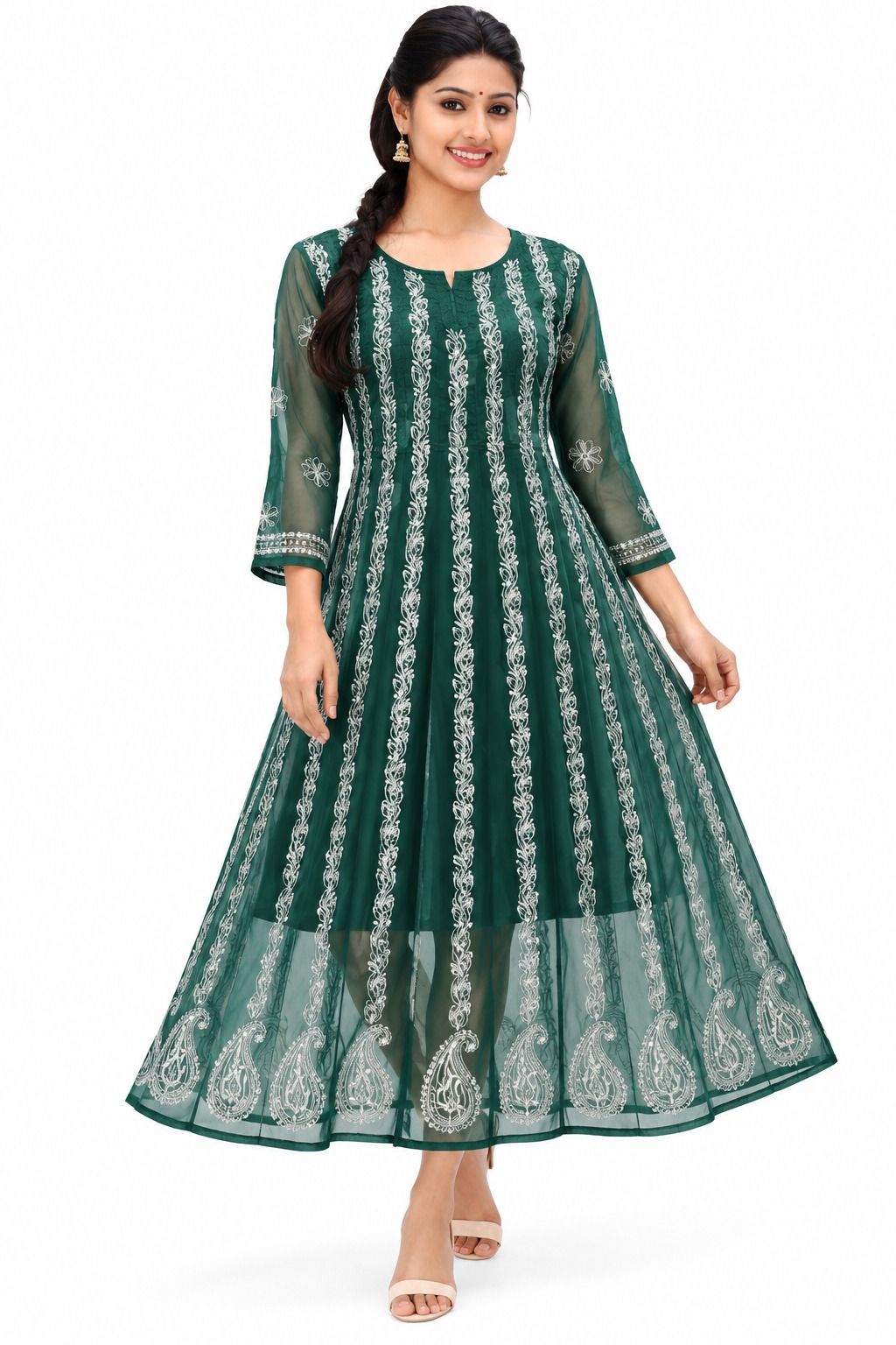 Mrs Right Women’s Lucknowi Chikankari Anarkali Kurta in Soft Georgette | Handcrafted Floral Embroidery | 3/4 Sleeves | 45 Inch Length | 74 Inch Flare | Festive Ethnic Wear