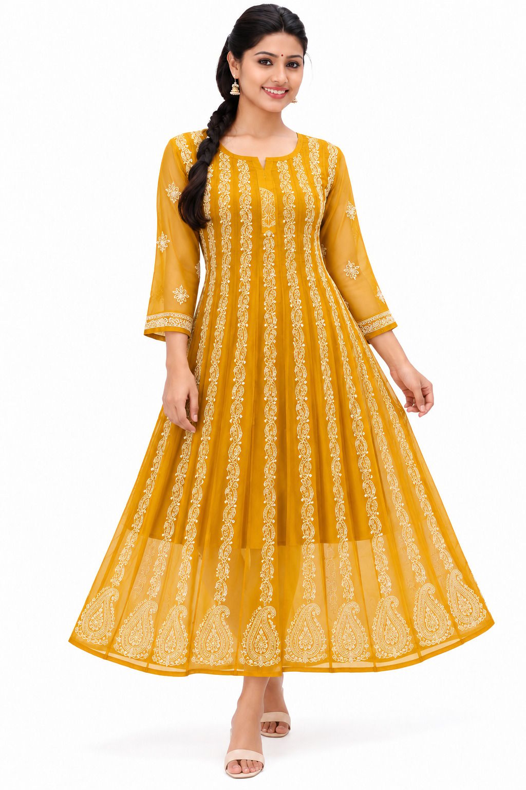 Mrs Right Women’s Lucknowi Chikankari Anarkali Kurta in Soft Georgette | Handcrafted Floral Embroidery | 3/4 Sleeves | 45 Inch Length | 74 Inch Flare | Festive Ethnic Wear