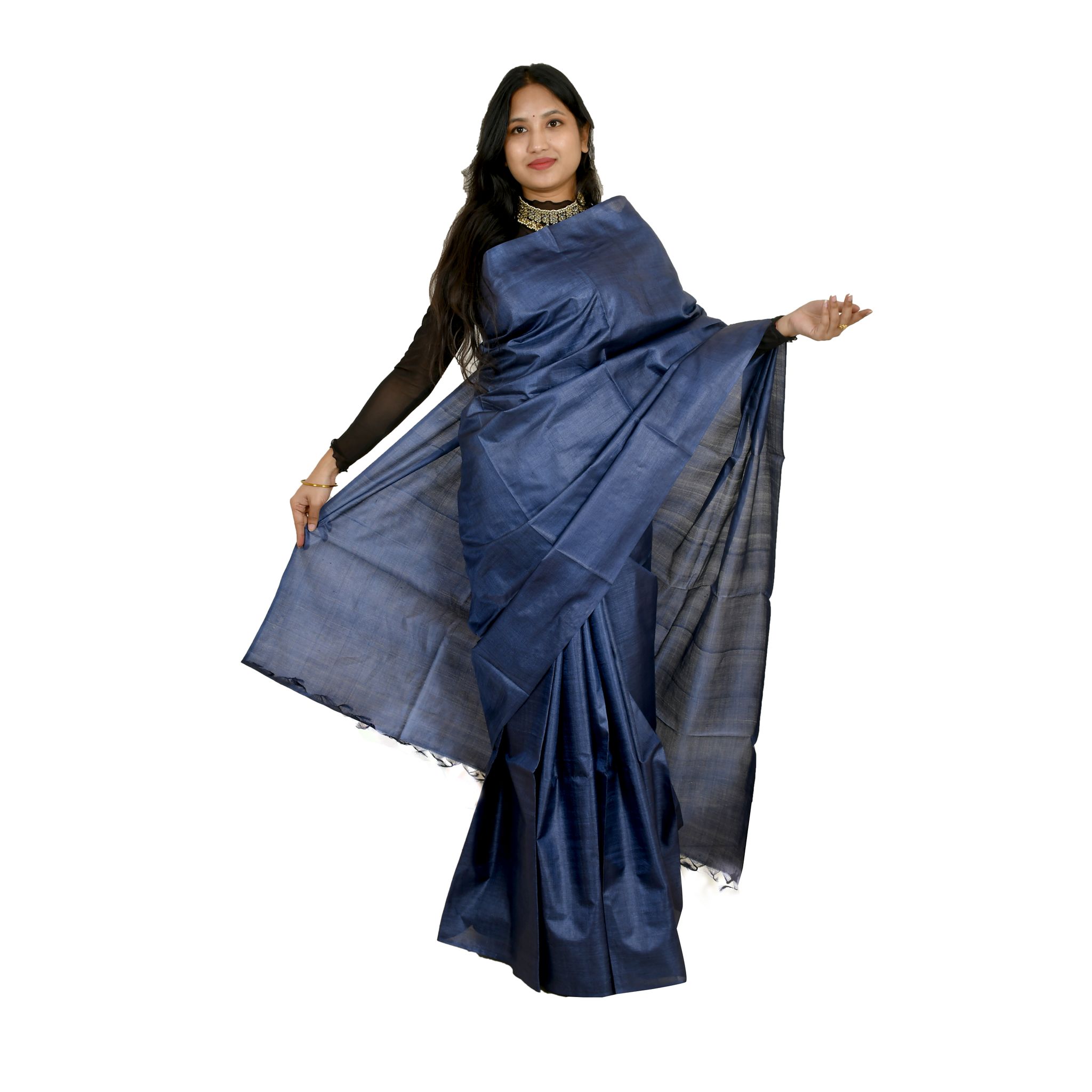 Tribes India Women's Navi Blue Tussar Silk Saree - 1STXSARCG00026 - M1