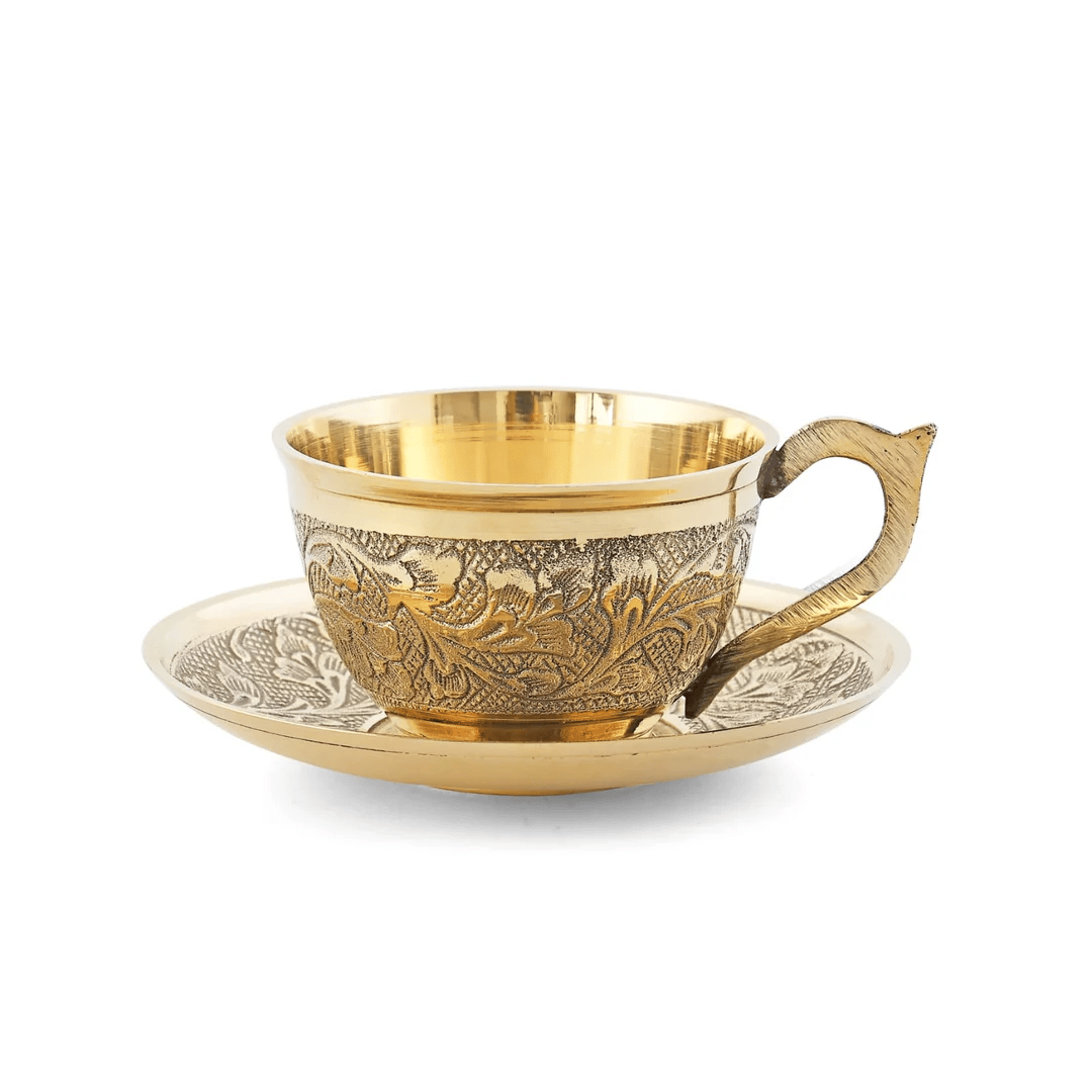 Pure Brass Embossed Design Set of 1 Cup & Saucer, Serving Tea Coffee, Tableware, Volume- 150 ML