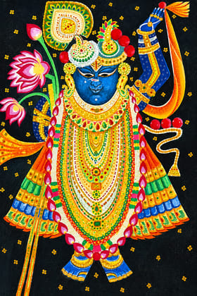 Original Watercolor Hand-Painted Shrinathji Krishna Artwork with Dark Wooden Frame and Red Inner Border