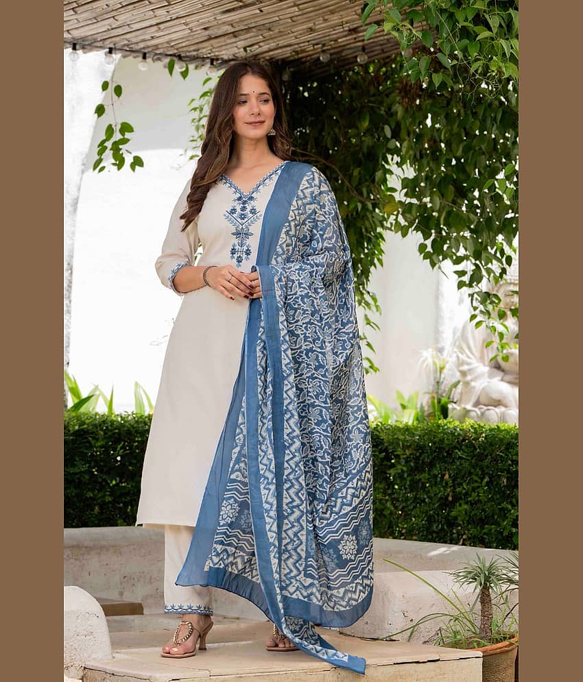 MAUKA Women Cotton Solid Straight Kurti With Palazzo ( Cream )