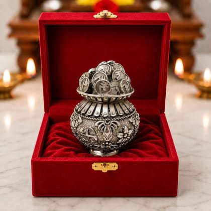 999 Silver Plated Kuber Kalash Idol with Coin Design | Laxmi Kubera Kalasam for Pooja Room, Mandir, Home Decor, Diwali Puja & Festive Gifting (2.5 Inch)