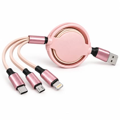 Rose Gold Retractable 3-in-1 Charging Cable (USB-C, Micro USB, Lightning)