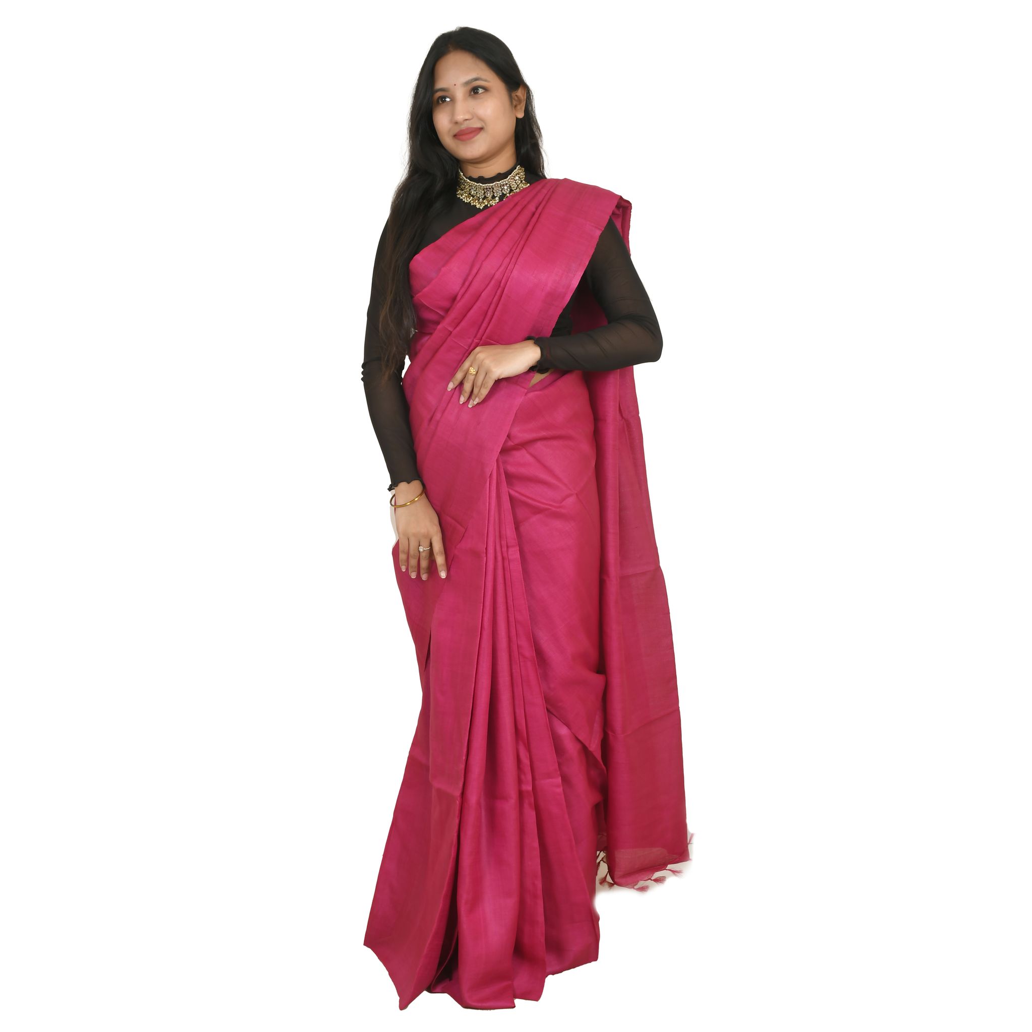 Tribes India Women's Fuchsia Pink Tussar Silk Saree - 1STXSARCG00026 - M3