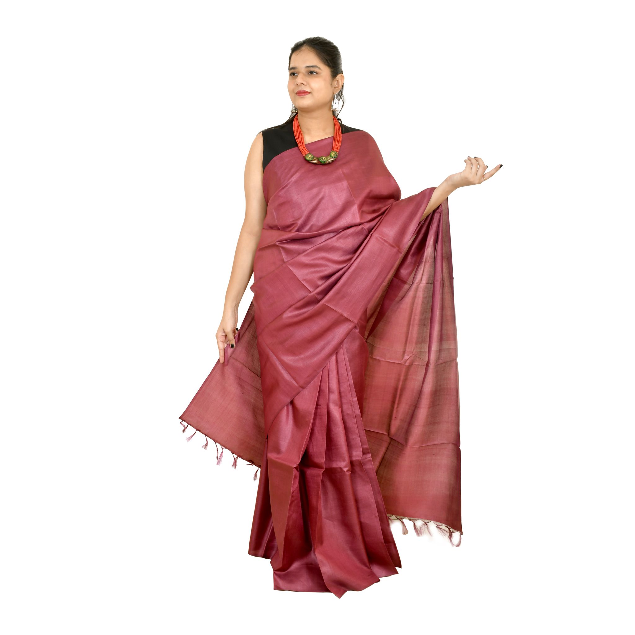 Tribes India Women's Onion Pink Tussar Silk Saree - 1STXSARCG00026 -M4