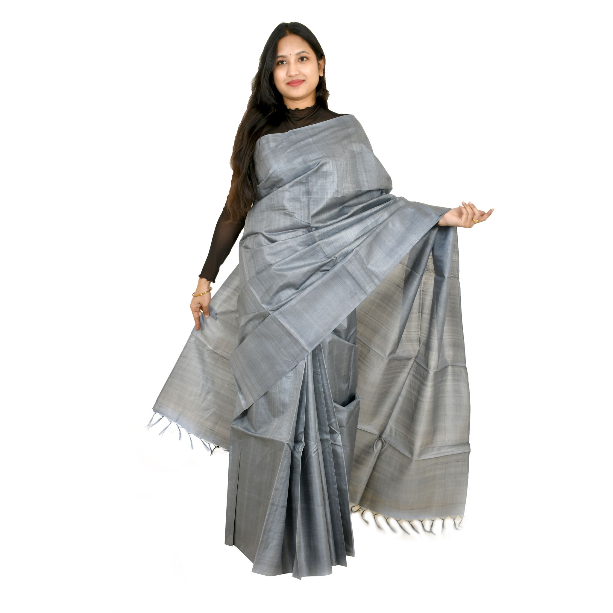 Tribes India Women's Steel GrayTussar Silk Saree - 1STXSARCG00026 - M5