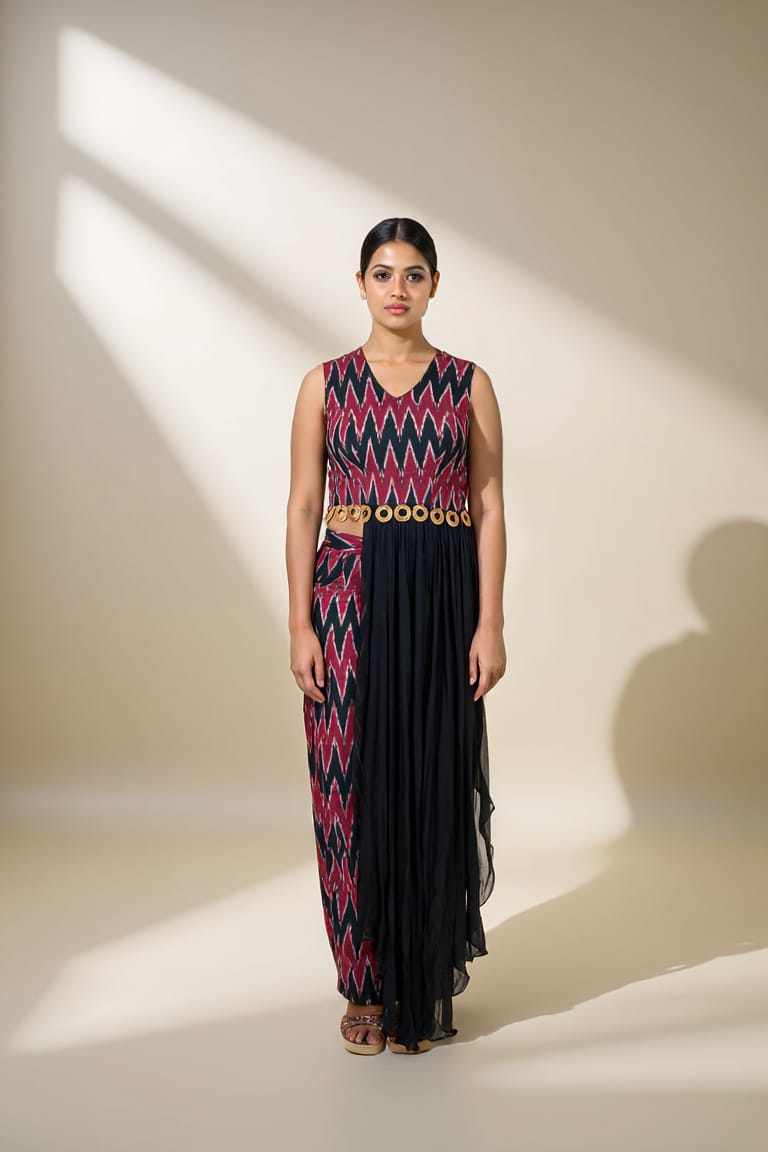 BLACK & MAROON IKAT CO-ORD SET WITH WOODEN RING DETAIL