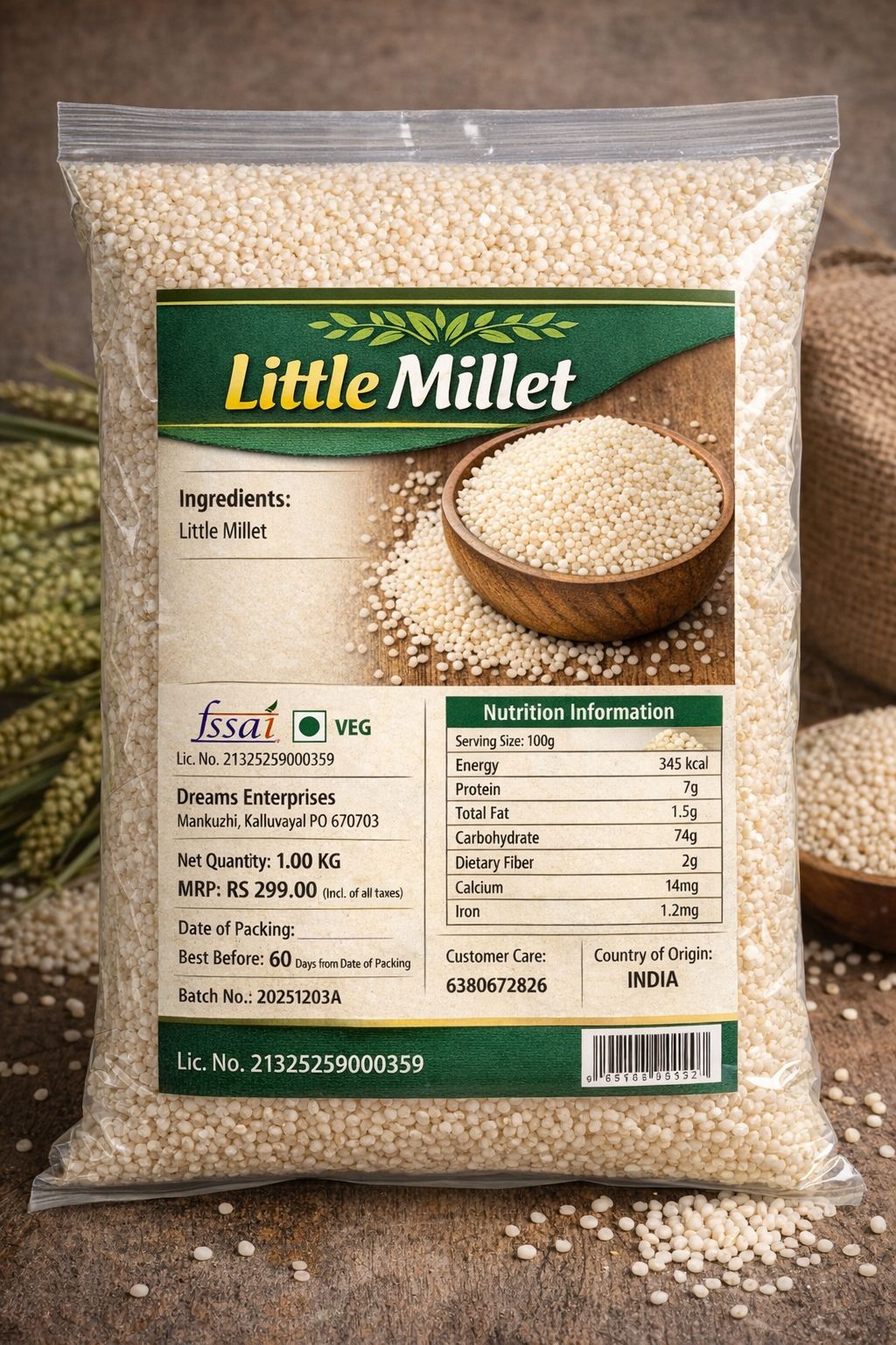 Dreams Kerala Little Millet Chama Rice | kerala chama | 1kg Cleaned & Natural – Healthy Rice Alternative |polished rice |