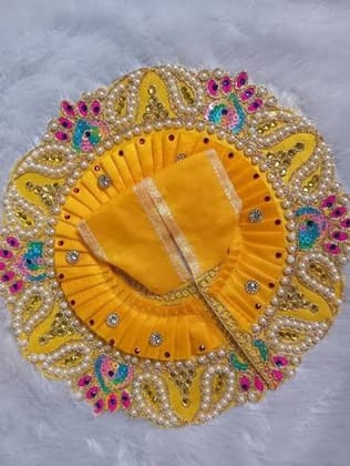 Handcrafted Yellow Laddu Gopal Poshak with Pearl and Peacock Work