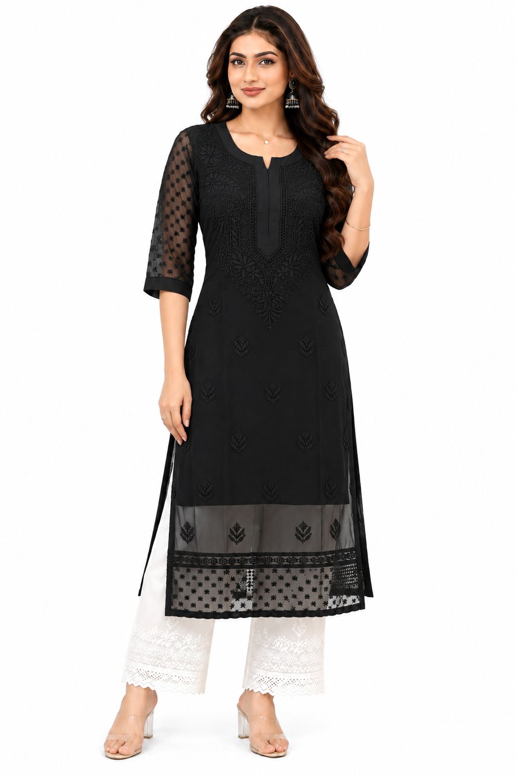 Handcrafted Lucknowi Chikankari Embroidered Fox Georgette Long Kurta with Sheer Floral Sleeves, Back Embroidery & Decorative Lace Border, 46 Inch Length