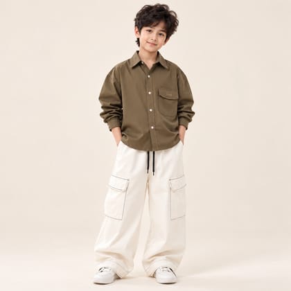 Boy's Olive Green Shirt and Cream Cargo Pants Outfit Set