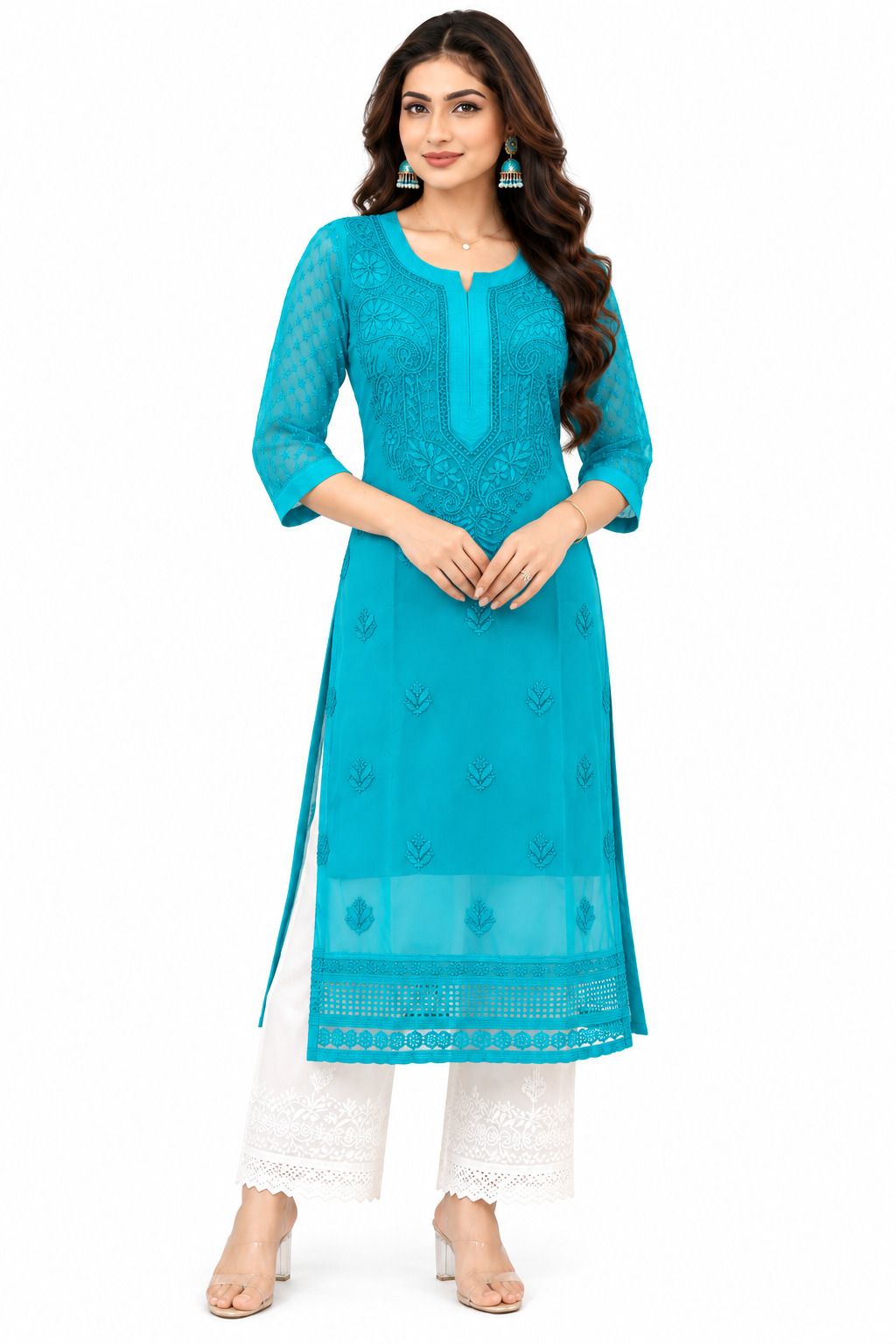 Handcrafted Lucknowi Chikankari Embroidered Fox Georgette Long Kurta with Sheer Floral Sleeves, Back Embroidery & Decorative Lace Border, 46 Inch Length