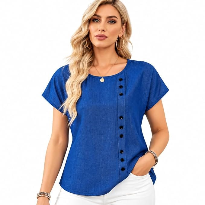 Women's Round Neck Short Sleeve Denim Button Down Blouse