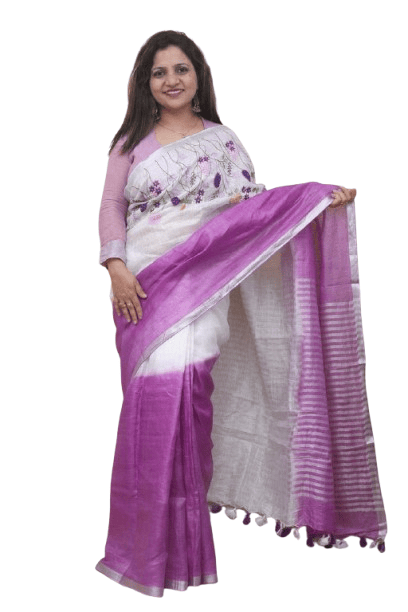 Linen Half & Half Embroidery Saree