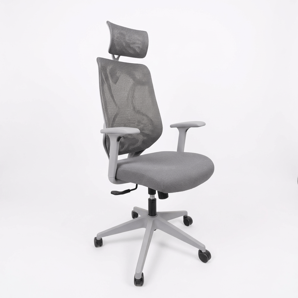 Grey High-Back Ergonomic Office Chair with Adjustable Headrest and Armrests
