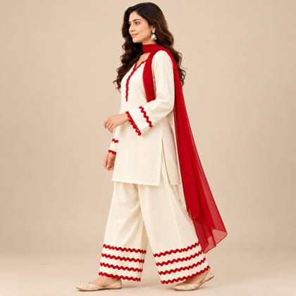 Women's Off-White & Red Ric Rac Lace Kurta Palazzo Set with Dupatta