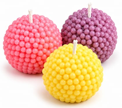 Ayodhya Lippan Art and Candle Store Set of 3 Decorative Bubble Ball Candles – Pink, Lavender and Yellow Textured Wax Candles for Home Décor and Gifting