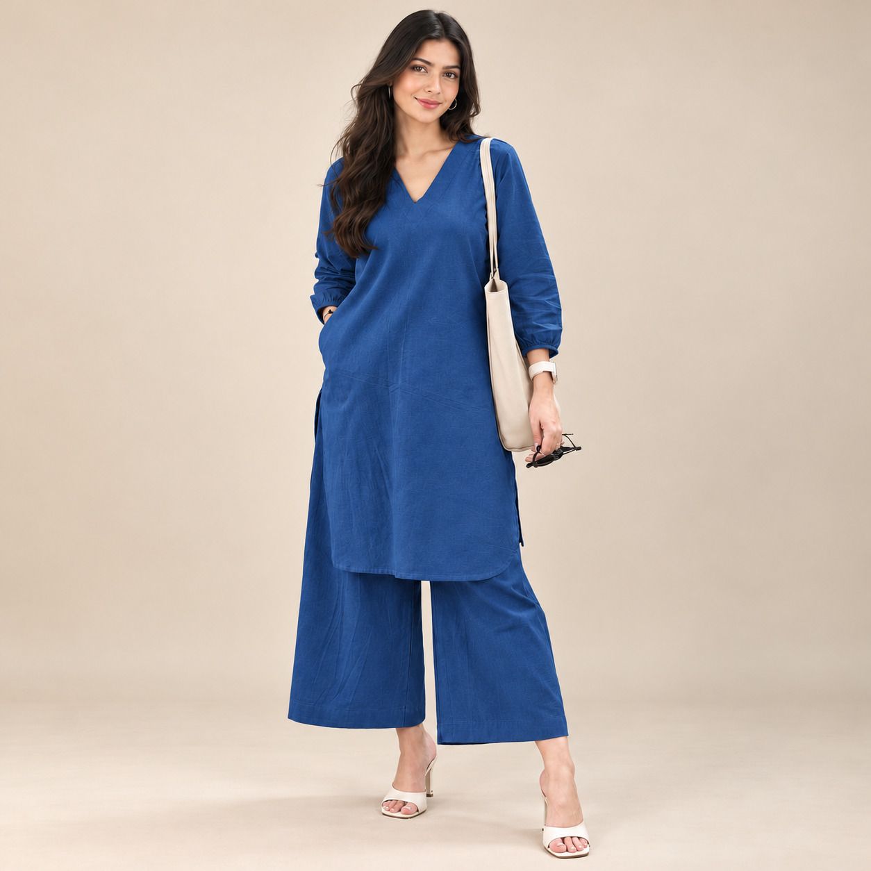 Women's Royal Blue V-Neck Straight Kurta & Wide-Leg Palazzo Co-Ord Set