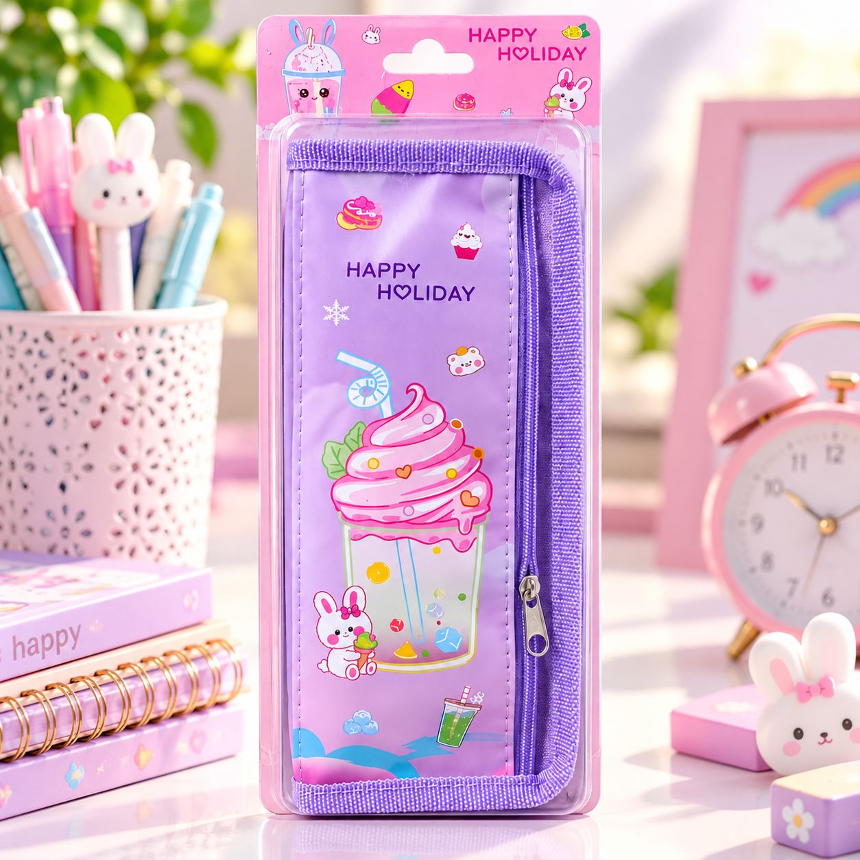 Happy Holiday Cute Purple Pencil Case Dessert Design - 21.5cm