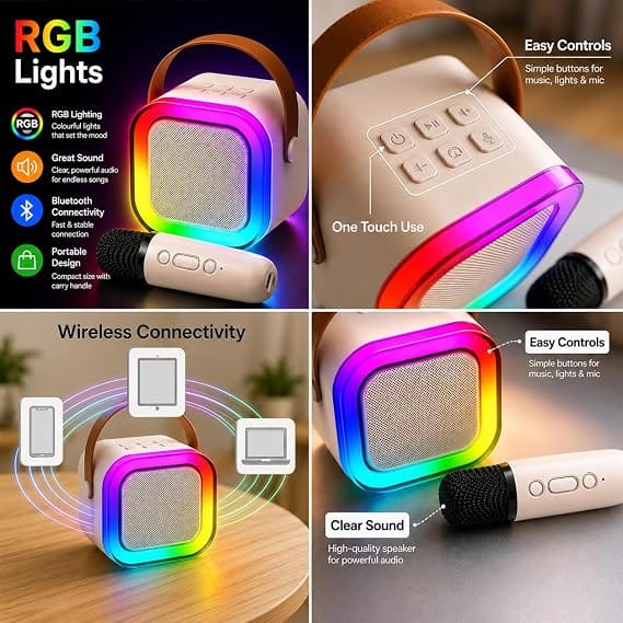 All-in-One Karaoke Machine with Wireless Microphone, Portable Bluetooth Speaker, RGB Dancing Lights & Voice Effects – Pink