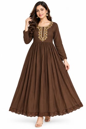 Women Solid Embroidered Anarkali Gown with 3/4 Sleeves, Lace Border and Back Tassel | Ethnic Festive Wear Women Solid Embroidered Anarkali Gown with 3/4 Sleeves, Lace Border and Back Tassel | Ethnic Festive Wear