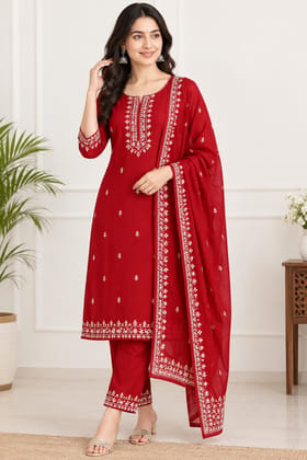 RAZEE Women's Red Embroidered Kurta Trouser & Dupatta Set