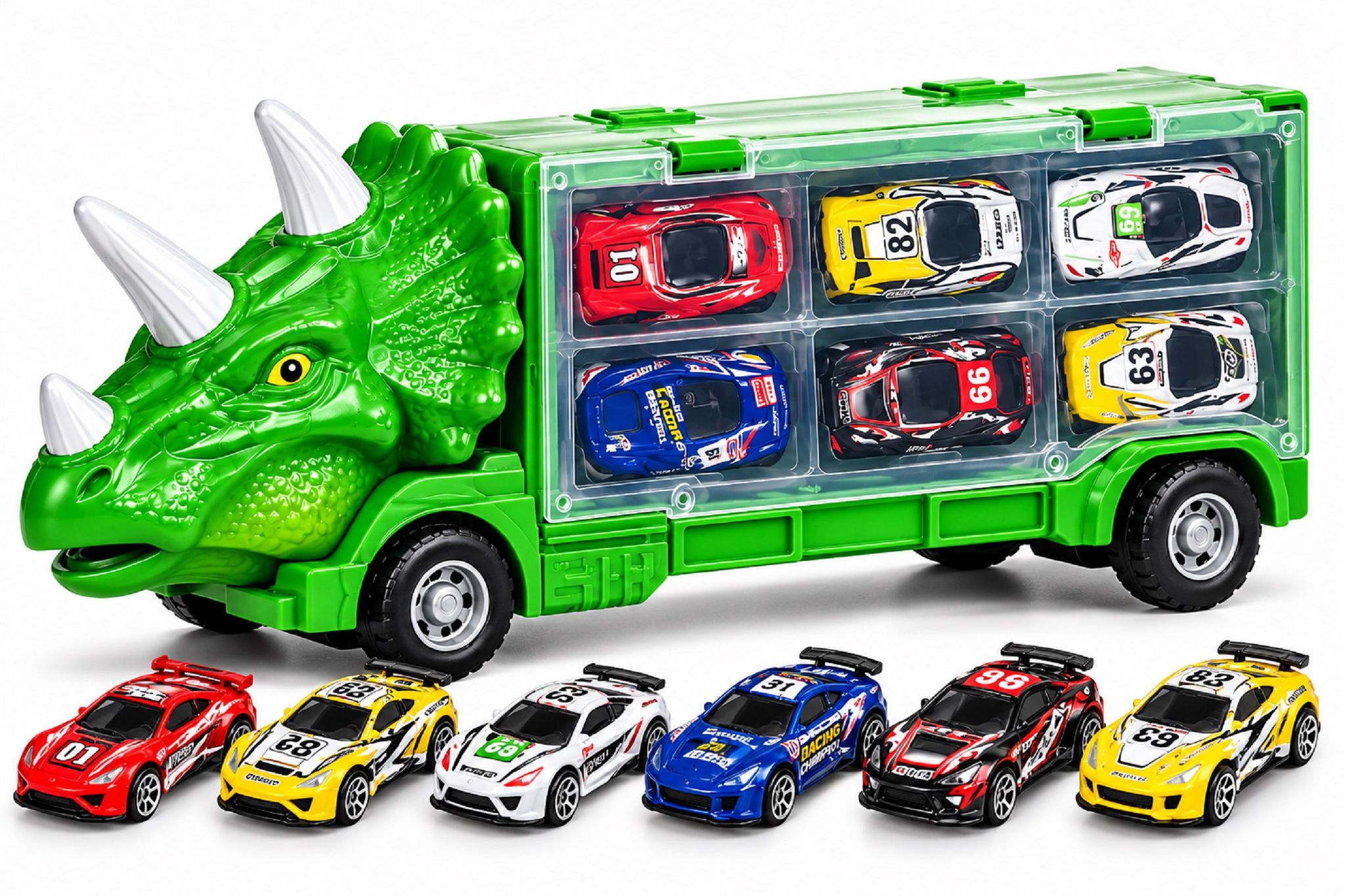 KTRS Enterprise inosaur Carrier Truck Toy with 6 Mini Racing Cars, Green Dinosaur Transport Vehicle with Transparent Storage Compartments, Carry Handle, Pull Back Toy for Kids Ages 3+