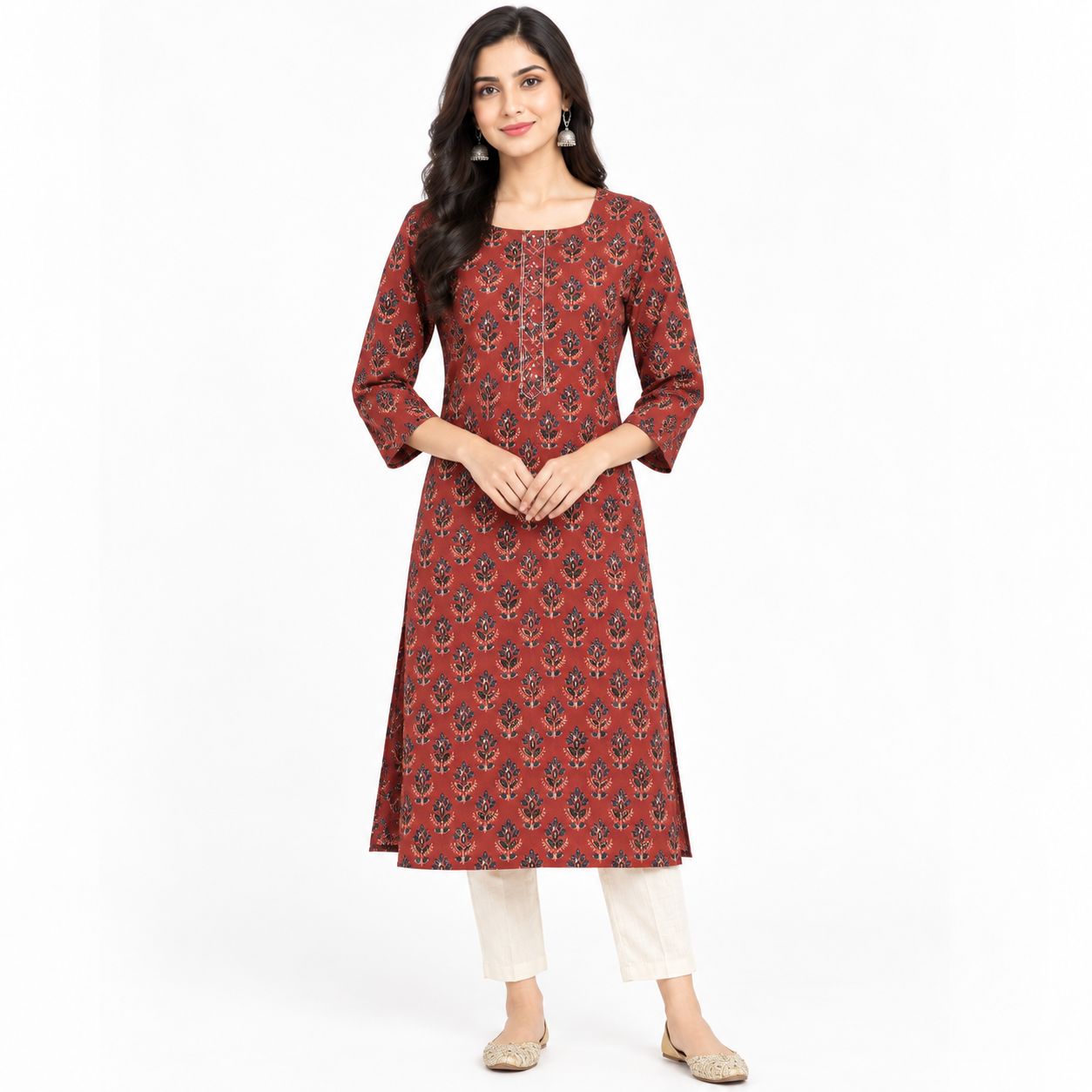 Women's Printed Cotton Straight Kurta with Embroidered Placket